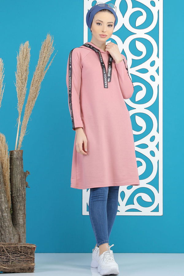 Düz Orta Kadın Pembe Kapşonlu Tunik Siyah  - 7689 PEMBE
