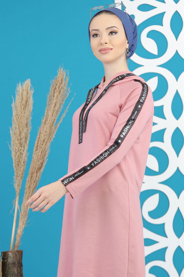 Düz Orta Kadın Pembe Kapşonlu Tunik Siyah  - 7689 PEMBE