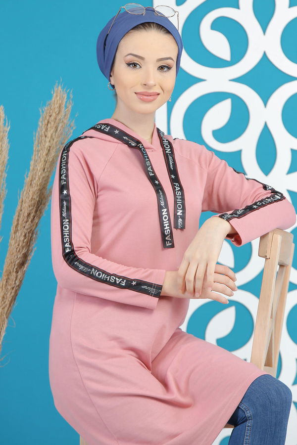 Düz Orta Kadın Pembe Kapşonlu Tunik Siyah  - 7689 PEMBE