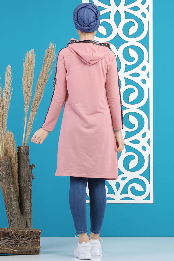 Düz Orta Kadın Pembe Kapşonlu Tunik Siyah  - 7689 PEMBE