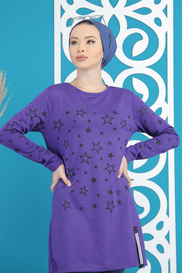 Düz Orta Kadın Mor Yıldız Baskılı Tunik Siyah  - 7674 MOR