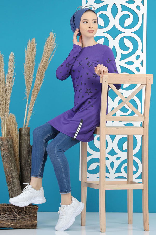 Düz Orta Kadın Mor Yıldız Baskılı Tunik Siyah  - 7674 MOR