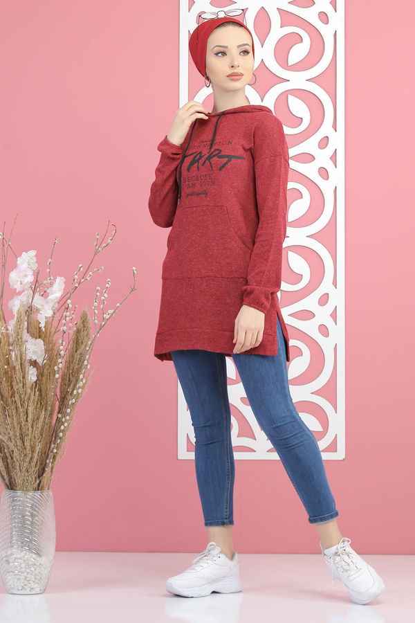 Düz Orta Kadın Bordo Kapşonlu Triko Tunik Lacivert  - 7902 BORDO