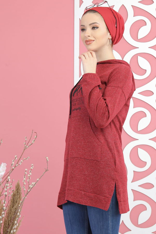 Düz Orta Kadın Bordo Kapşonlu Triko Tunik Lacivert  - 7902 BORDO