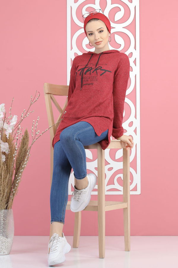 Düz Orta Kadın Bordo Kapşonlu Triko Tunik Lacivert  - 7902 BORDO