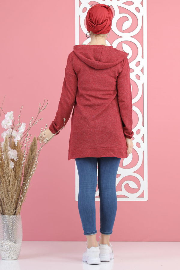 Düz Orta Kadın Bordo Kapşonlu Triko Tunik Lacivert  - 7902 BORDO