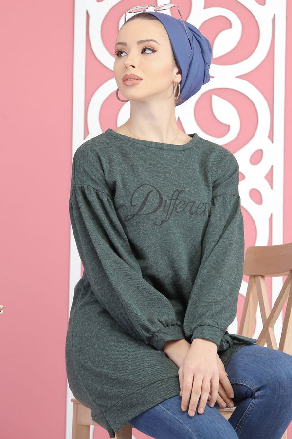 Düz Orta Kadın Yeşil Baskılı Triko Tunik Lacivert  - 7901 YEŞİL