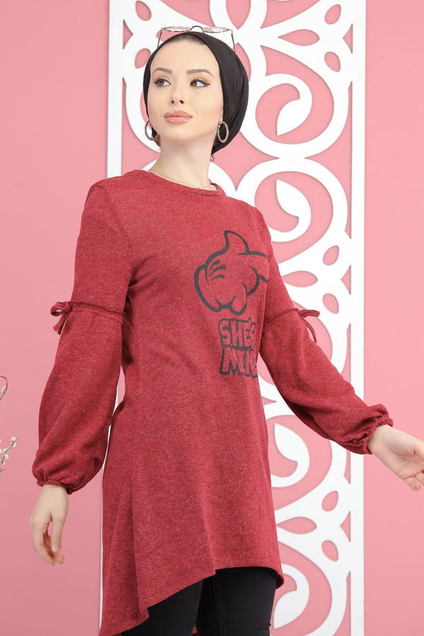 Düz Orta Kadın Bordo Baskılı Triko Tunik Lacivert  - 7900 BORDO