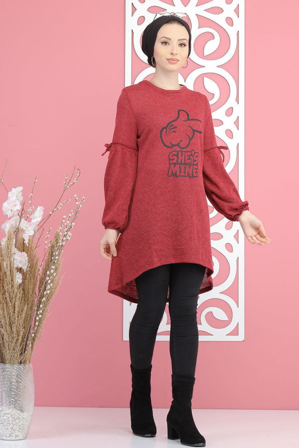 Düz Orta Kadın Bordo Baskılı Triko Tunik Lacivert  - 7900 BORDO