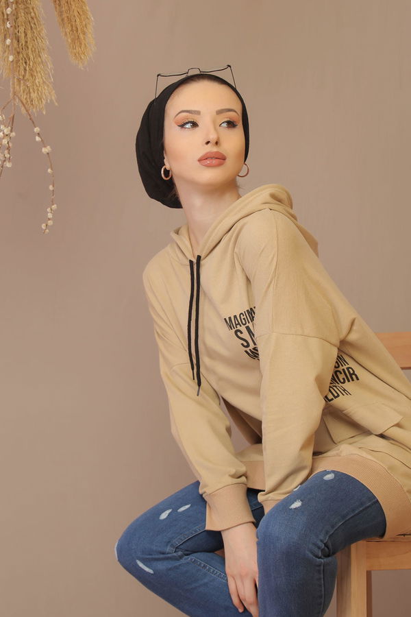 Düz Orta Kadın Vizon Baskılı Tunik Siyah  - 5179