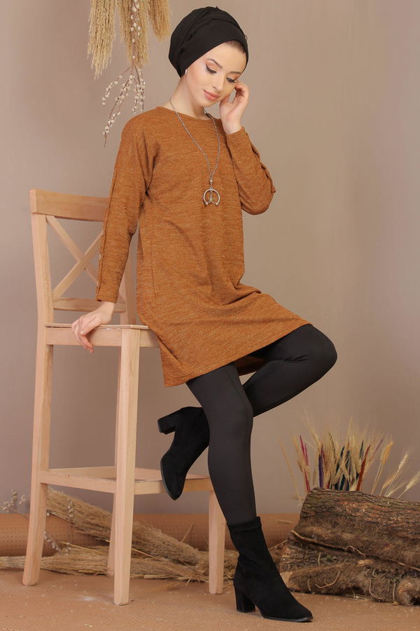 Düz Orta Kadın Sarı Tunik Kolye Siyah  - 7904 Sarı