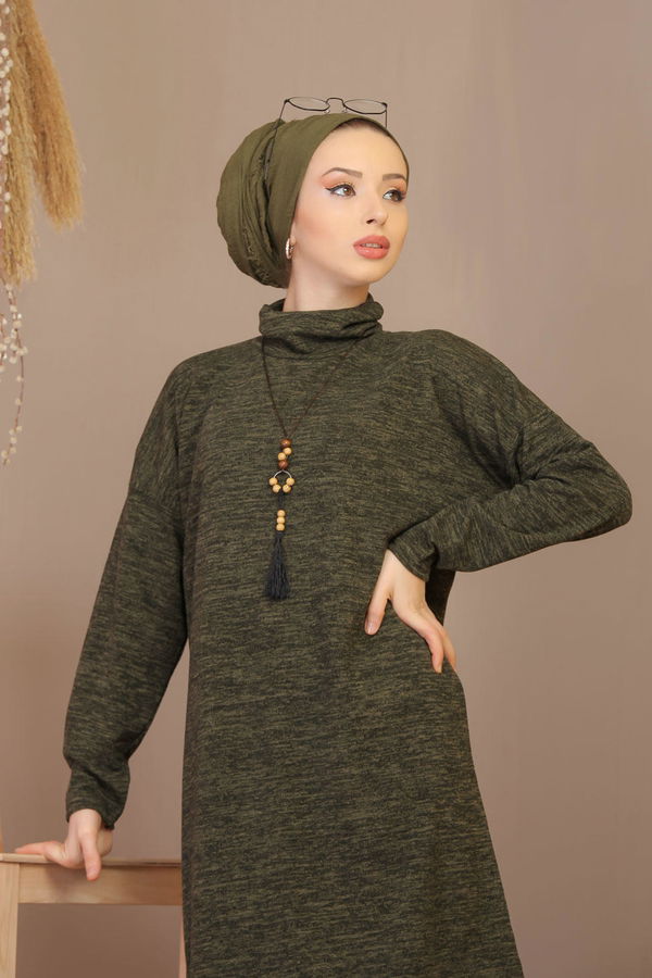 Düz Orta Kadın Haki Dantelli Tunik Kolye Siyah  - 7906 HAKİ