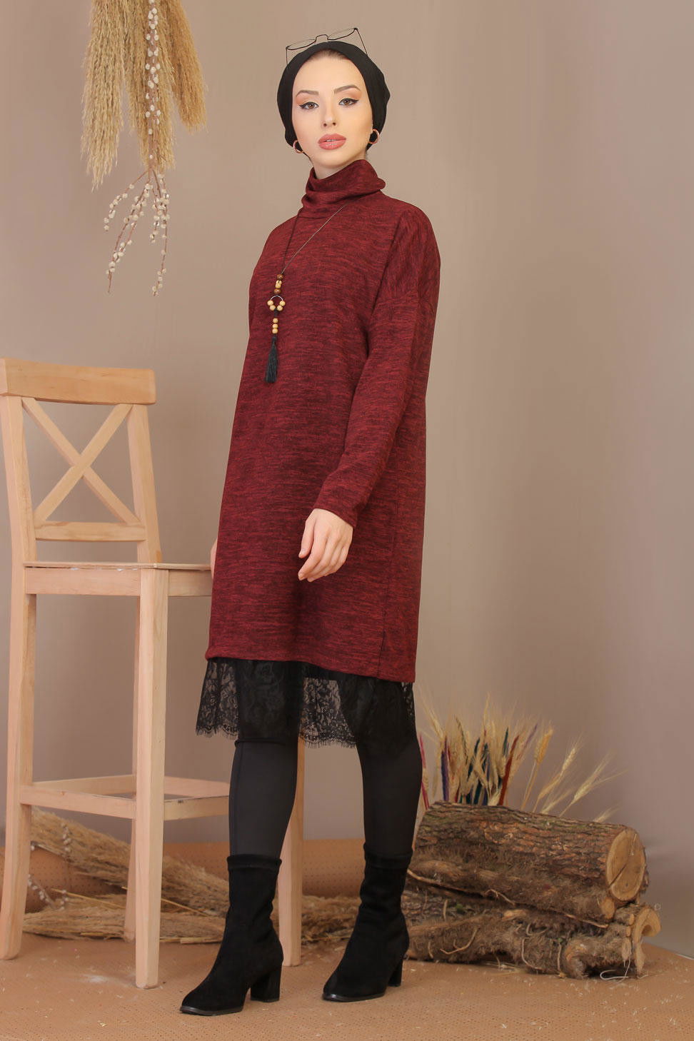 Düz Orta Kadın Bordo Dantelli Tunik Kolye Siyah  - 7906