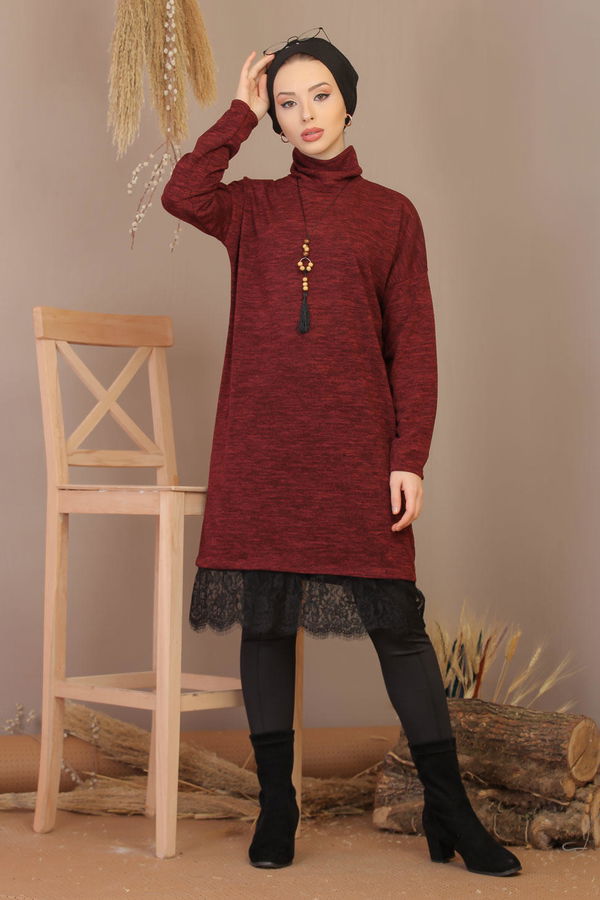 Düz Orta Kadın Bordo Dantelli Tunik Kolye Siyah  - 7906
