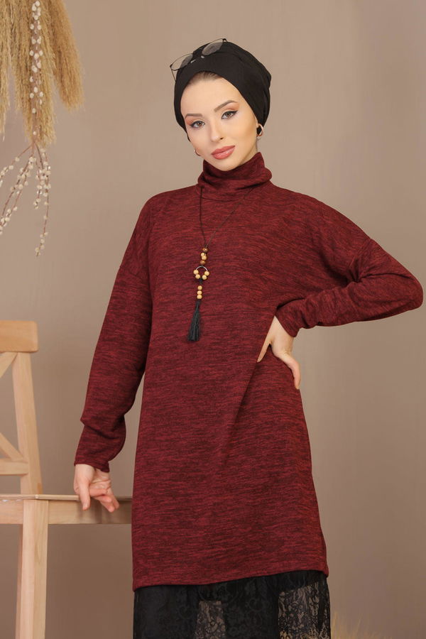 Düz Orta Kadın Bordo Dantelli Tunik Kolye Siyah  - 7906