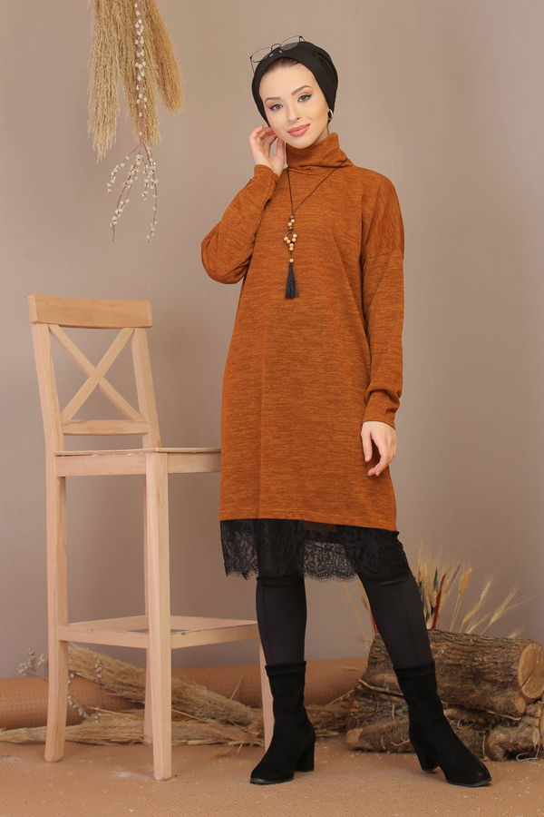Düz Orta Kadın Sarı Dantelli Tunik Kolye Siyah  - 7906 Sarı