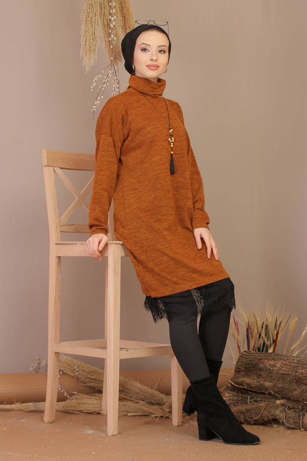 Düz Orta Kadın Sarı Dantelli Tunik Kolye Siyah  - 7906 Sarı
