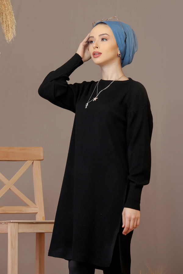 Düz Orta Kadın Siyah Triko Tunik Siyah  - 7930 SİYAH