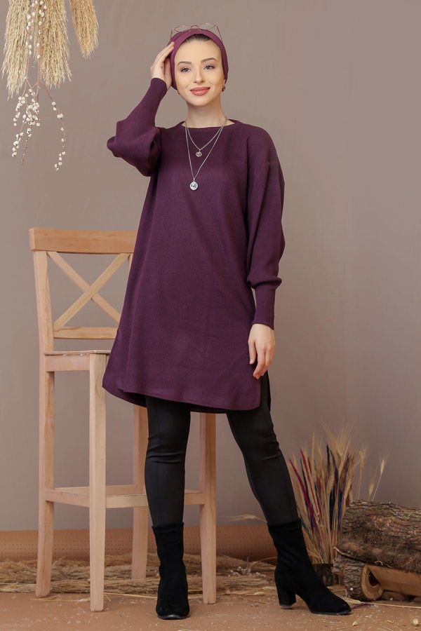 Düz Orta Kadın Mor Triko Tunik Siyah  - 7930