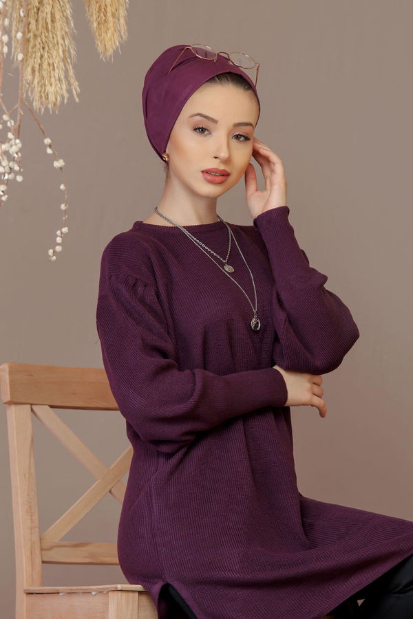 Düz Orta Kadın Mor Triko Tunik Siyah  - 7930