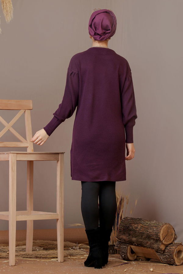 Düz Orta Kadın Mor Triko Tunik Siyah  - 7930