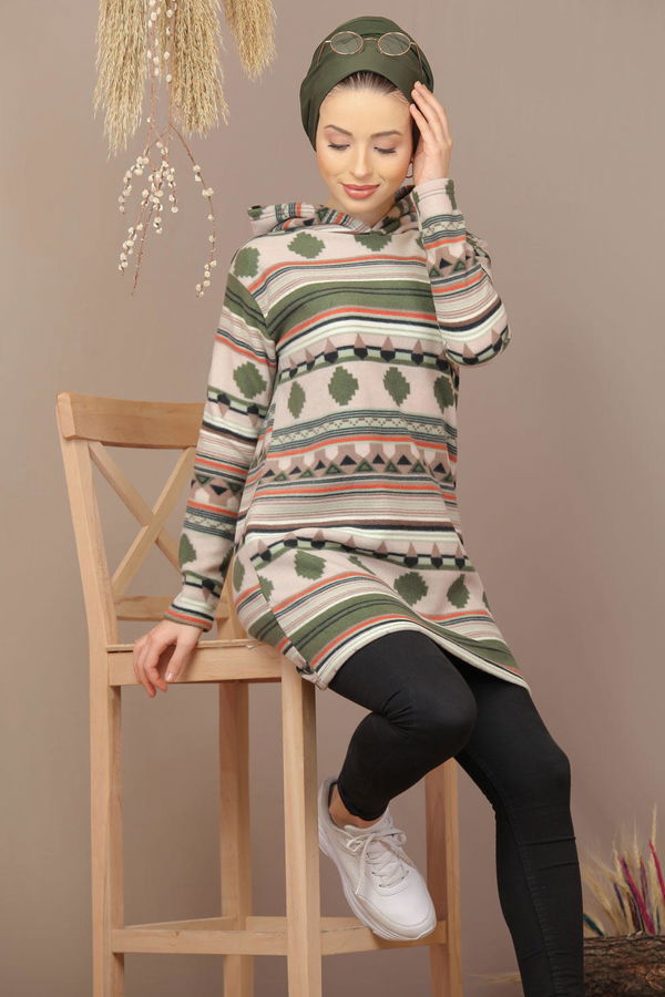 Düz Orta Kadın Haki Kapşonlu Polar Tunik Haki  - 7938 HAKİ