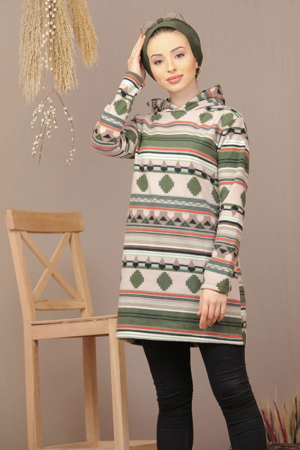 Düz Orta Kadın Haki Kapşonlu Polar Tunik Haki  - 7938 HAKİ