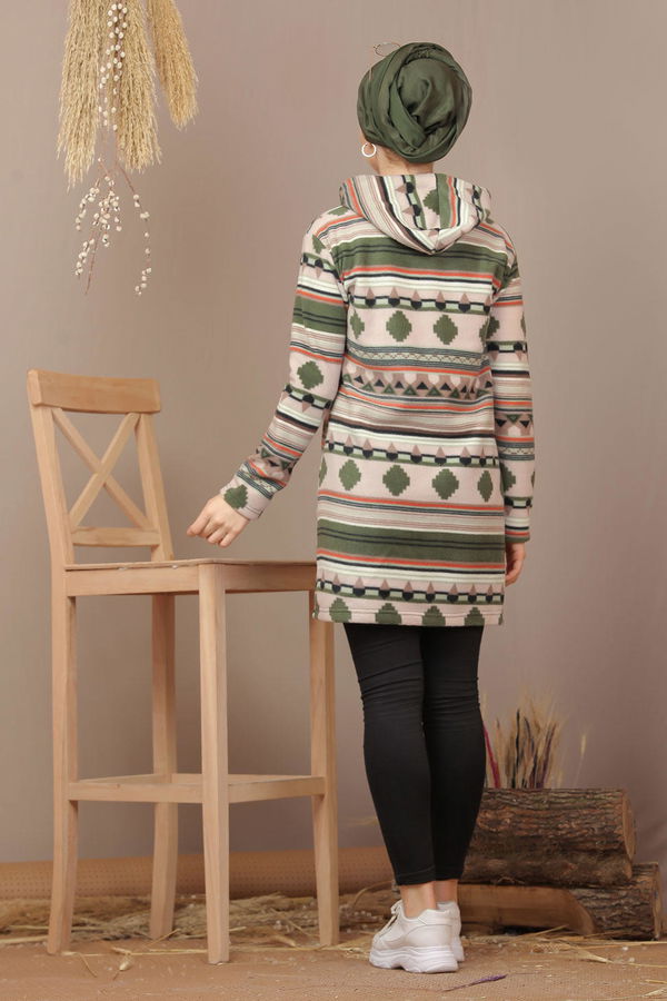 Düz Orta Kadın Haki Kapşonlu Polar Tunik Haki  - 7938 HAKİ