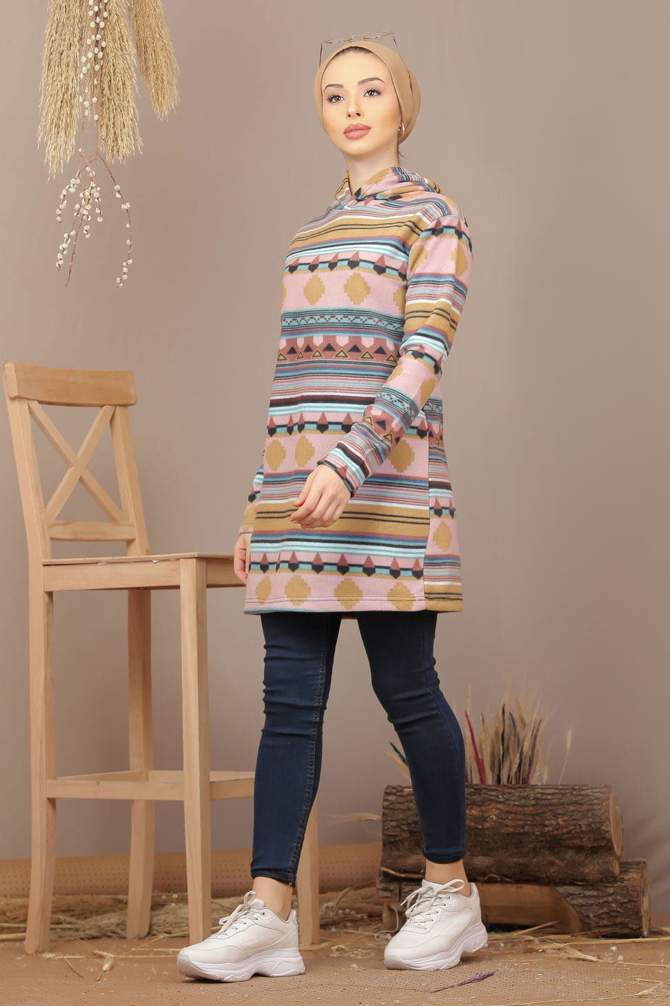 Düz Orta Kadın Pembe Kapşonlu Polar Tunik Haki  - 7938 PEMBE