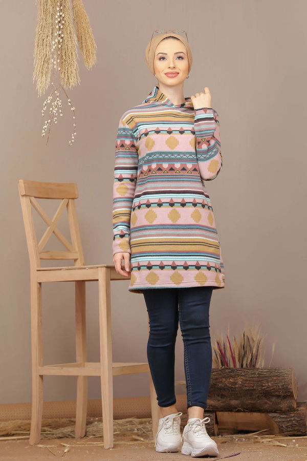 Düz Orta Kadın Pembe Kapşonlu Polar Tunik Haki  - 7938 PEMBE