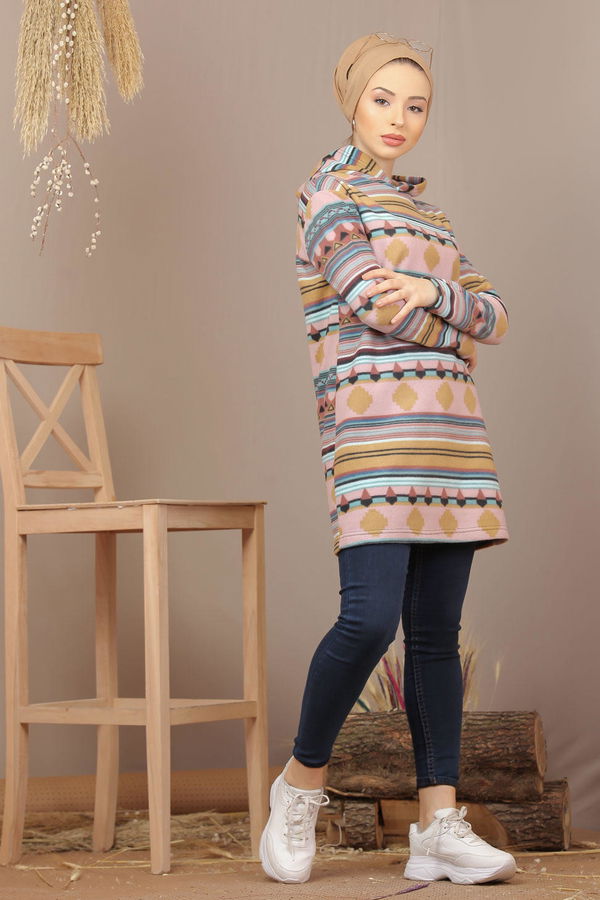 Düz Orta Kadın Pembe Kapşonlu Polar Tunik Haki  - 7938 PEMBE