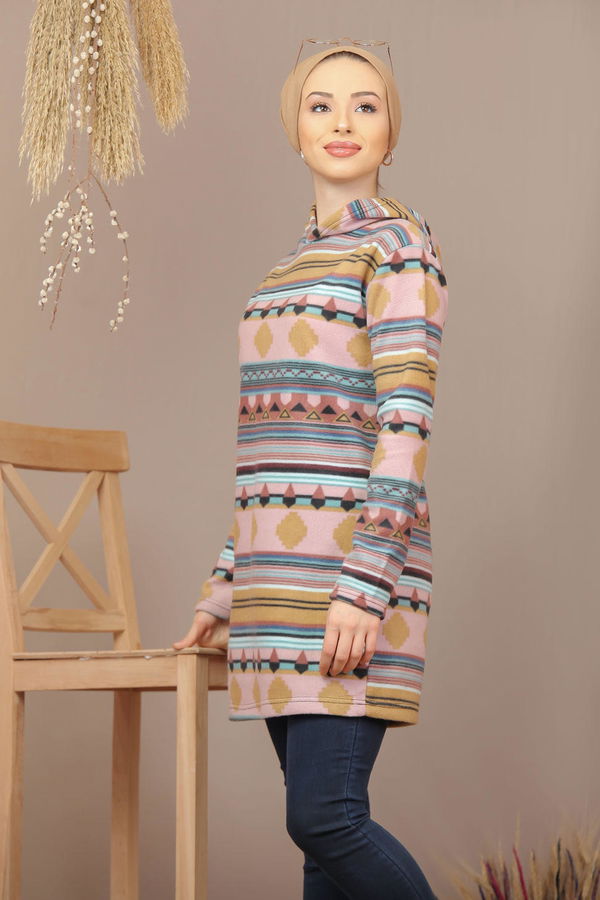 Düz Orta Kadın Pembe Kapşonlu Polar Tunik Haki  - 7938 PEMBE