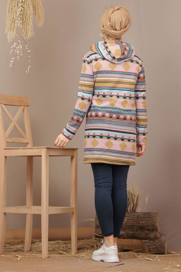 Düz Orta Kadın Pembe Kapşonlu Polar Tunik Haki  - 7938 PEMBE
