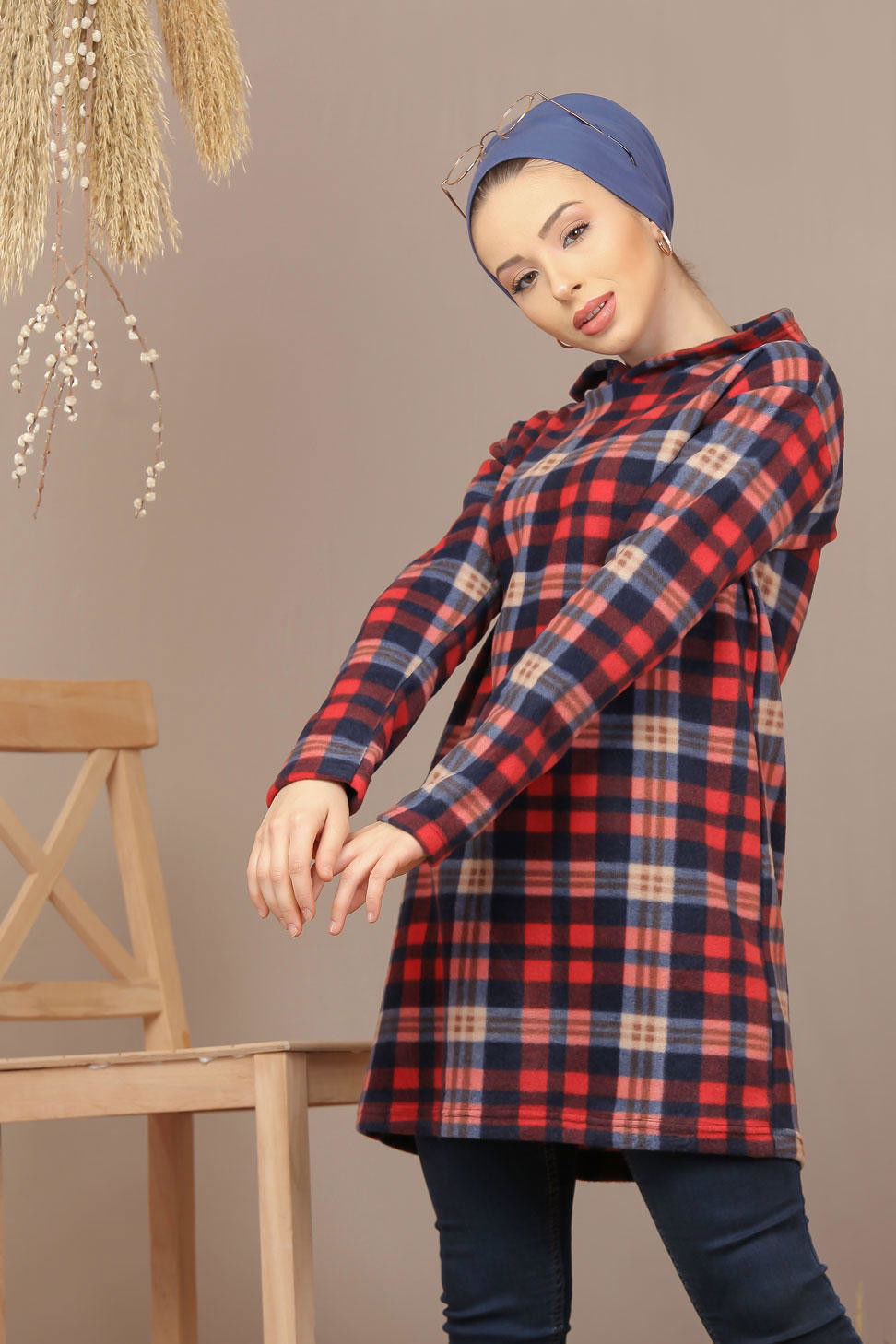 Düz Orta Kadın Bordo Kapşonlu Polar Tunik Laci Bordo   - 7937 BORDO