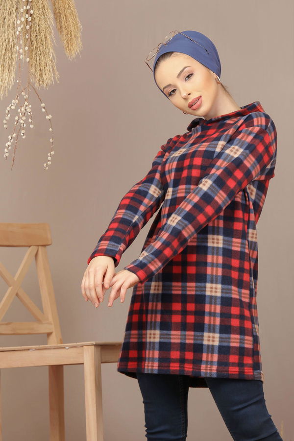 Düz Orta Kadın Bordo Kapşonlu Polar Tunik Laci Bordo   - 7937 BORDO