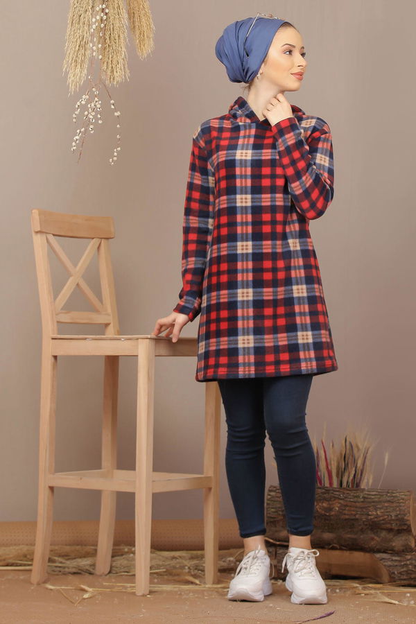 Düz Orta Kadın Bordo Kapşonlu Polar Tunik Laci Bordo   - 7937 BORDO