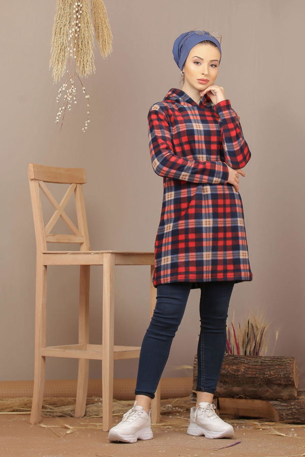 Düz Orta Kadın Bordo Kapşonlu Polar Tunik Laci Bordo   - 7937 BORDO