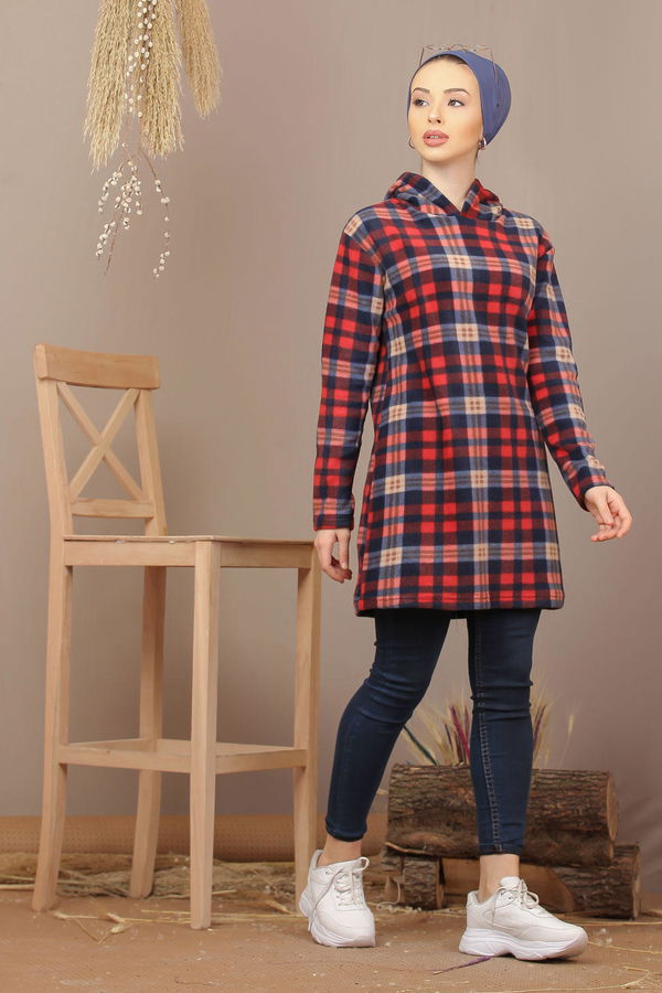 Düz Orta Kadın Bordo Kapşonlu Polar Tunik Laci Bordo   - 7937 BORDO