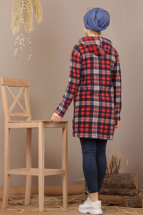Düz Orta Kadın Bordo Kapşonlu Polar Tunik Laci Bordo   - 7937 BORDO
