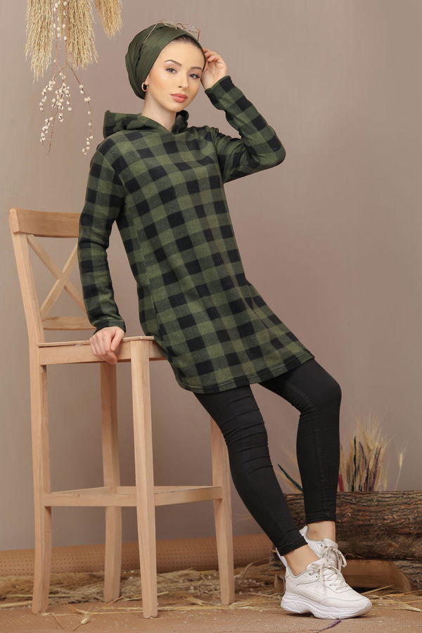 Düz Orta Kadın Haki Kapşonlu Polar Tunik Haki  - 7936 HAKİ