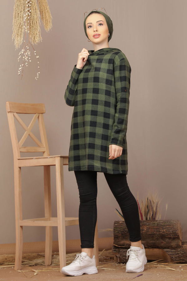Düz Orta Kadın Haki Kapşonlu Polar Tunik Haki  - 7936 HAKİ