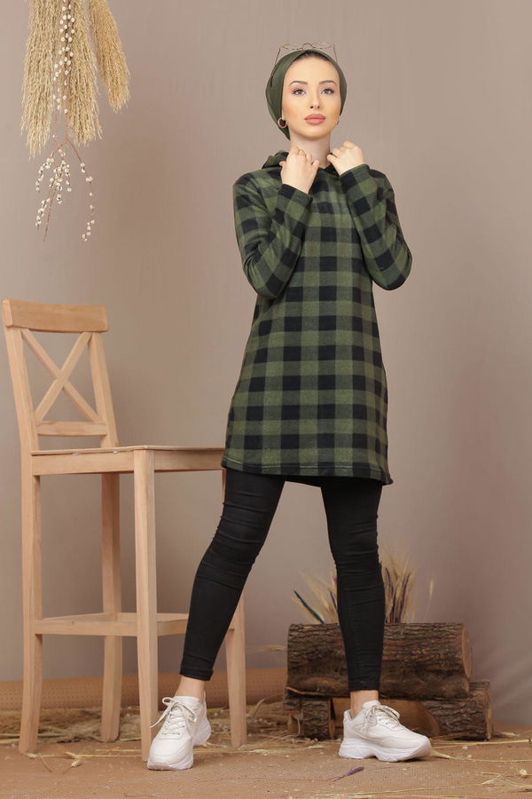 Düz Orta Kadın Haki Kapşonlu Polar Tunik Haki  - 7936 HAKİ