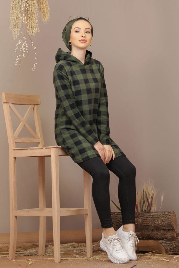 Düz Orta Kadın Haki Kapşonlu Polar Tunik Haki  - 7936 HAKİ