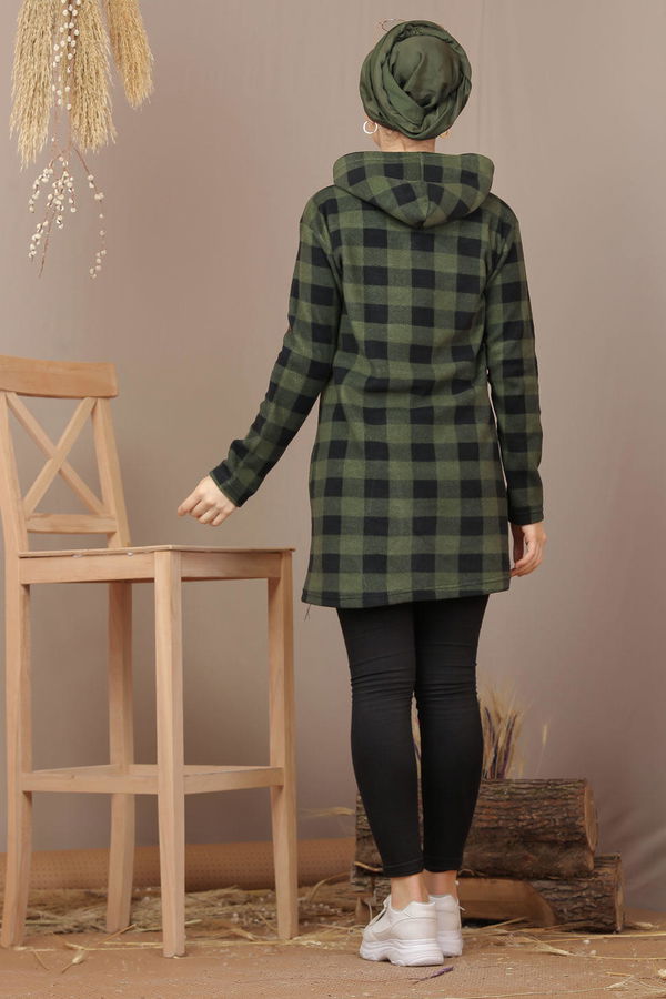 Düz Orta Kadın Haki Kapşonlu Polar Tunik Haki  - 7936 HAKİ