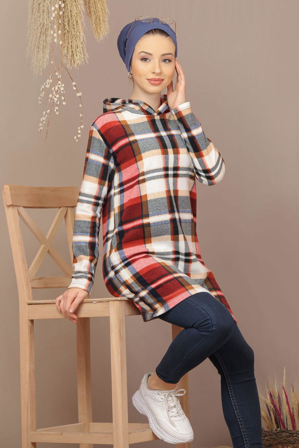 Düz Orta Kadın Bordo Kapşonlu Polar Tunik Bordo  - 7935 BORDO