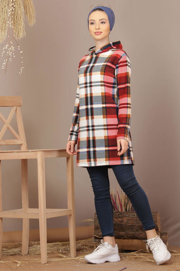 Düz Orta Kadın Bordo Kapşonlu Polar Tunik Bordo  - 7935 BORDO