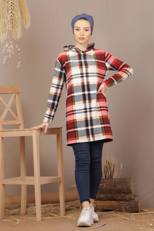Düz Orta Kadın Bordo Kapşonlu Polar Tunik Bordo  - 7935 BORDO