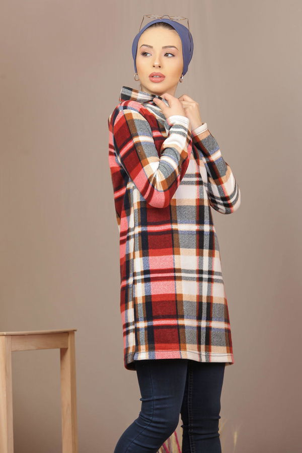 Düz Orta Kadın Bordo Kapşonlu Polar Tunik Bordo  - 7935 BORDO