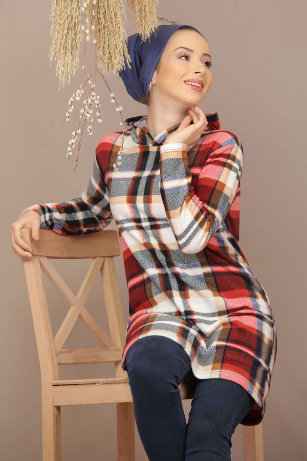 Düz Orta Kadın Bordo Kapşonlu Polar Tunik Bordo  - 7935 BORDO