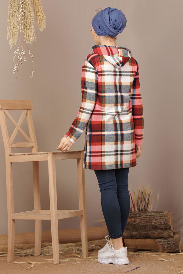 Düz Orta Kadın Bordo Kapşonlu Polar Tunik Bordo  - 7935 BORDO